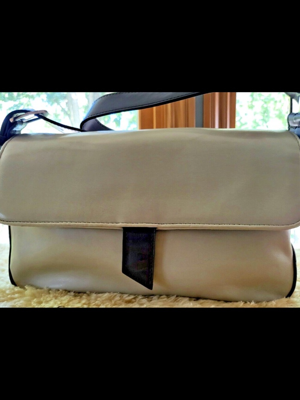 Mondani New York Beige Faux Leather Bag Handbag Purse~Brown Strap Vintage
